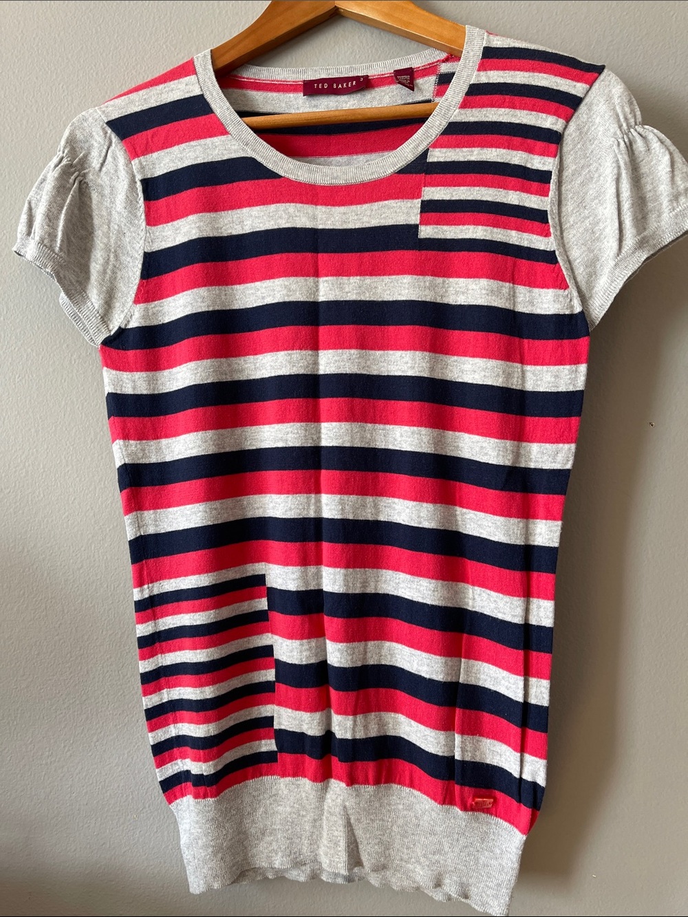 Ted Baker Cotton Navy, Red & Light Gray Striped Short Sleeve Tee